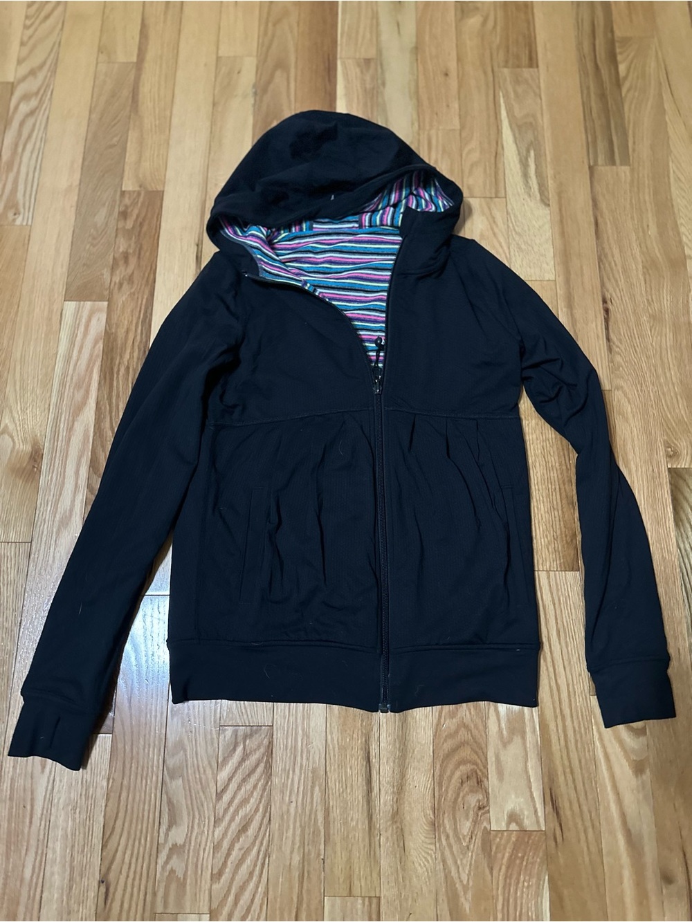 Ivivva Black Zip-Up Hoodie with Multicolor Striped Hood Lining